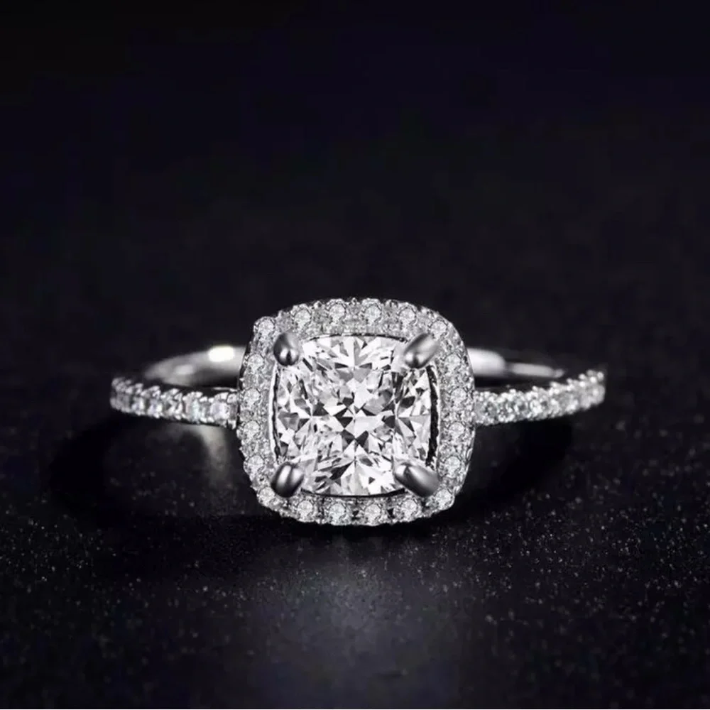 White Gold Plated Silver Pave Princess Cubic Zirconia Engagement